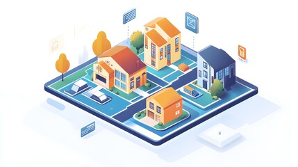 Poster - Smart City Isometric Illustration with Houses  Cars and Apps