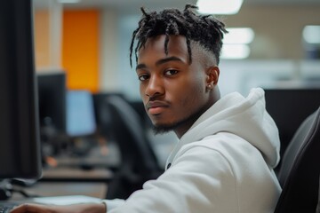 Young executive working on computer in office, Generative AI