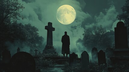 Mysterious Figure Standing in a Graveyard Under a Full Moon