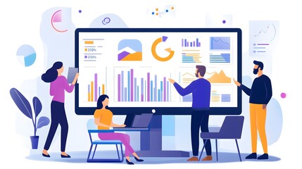 Poster - Business Team Analyzing Data Charts and Graphs on Computer Screen