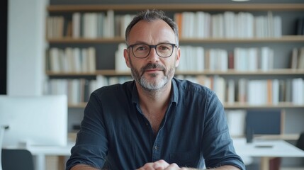 Wall Mural - middle-aged man with a beard and glasses on a video call, sitting at a table in a minimalist office, soft daylight filling the room, bookshelves in the background