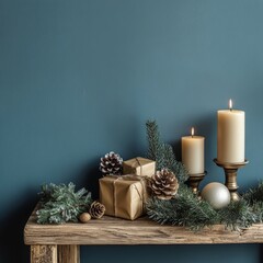 Wall Mural - Minimalist composition of christmas interior with copy space, wooden console with sprace, christmas balls, candle with candlestick, blue wall, gifts and personal accessories. Home decor, Generative AI