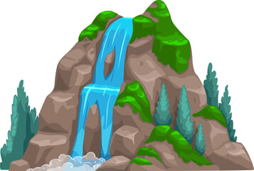 Poster - Waterfall on mountain for jungle, landscape and prehistoric dinosaur era environment, vector game asset. Cartoon waterfall or river water cascade on mountain and water stream for game nature scene