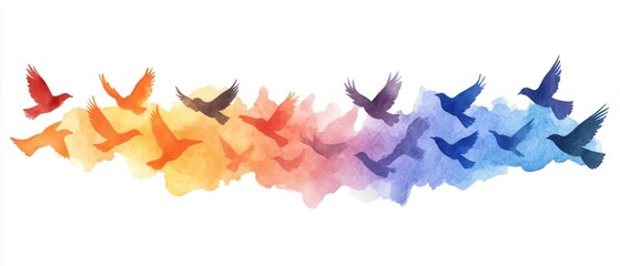 Poster - Watercolor birds in flight with rainbow background.