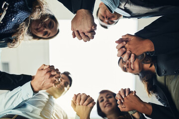 Poster - Low angle, support and holding hands with business people in office for acquisition, community and team building. Joint venture, partnership and hope with group of employees for trust and merger