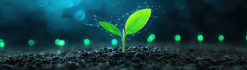 Canvas Print - Young Plant with Network Connections in Dark Soil.