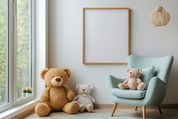 Cozy interior of child room with mint armchair, brown mock up poster frame, toys, teddy bear, dolls, plush animal, decoration. White wall. Warm kid space, Generative AI