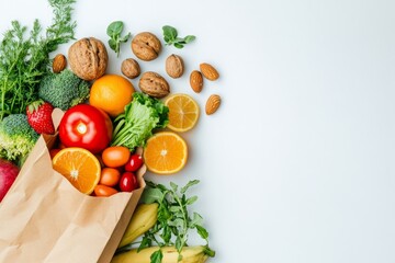 Poster - Healthy food in a paper bag on white background.
