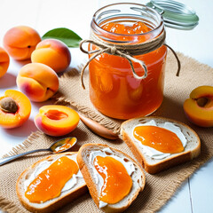 Poster - Glass jar filled with apricot jam with two slices of bread spread with apricot jam