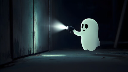 Canvas Print - Cute ghost with his flashlight pointing towards Friday 13th. Vector Background illustration for friday 13 superstition day