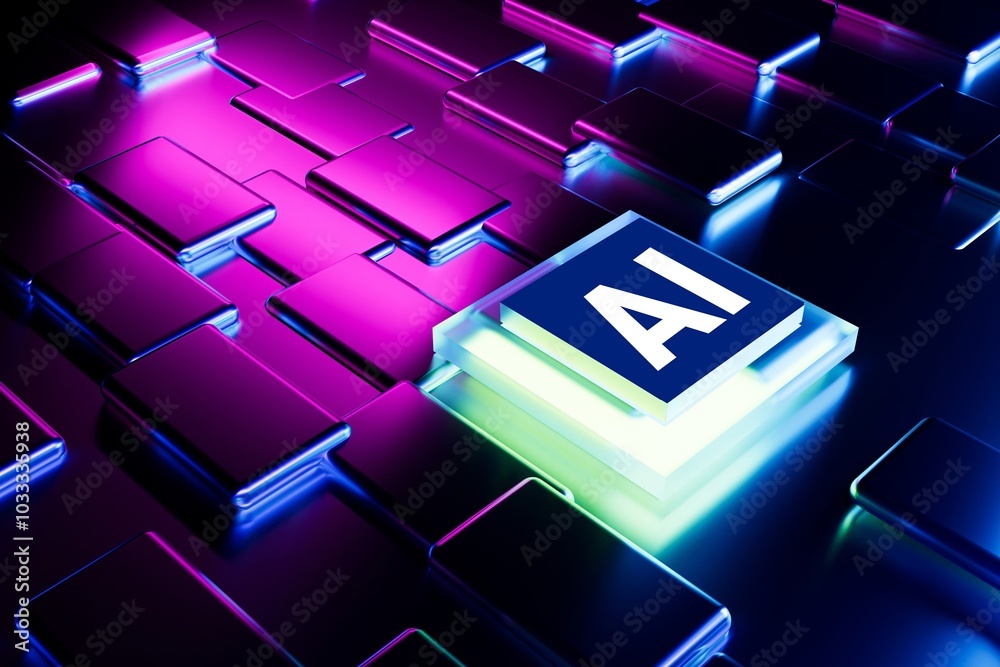 AI, artificial intelligence logo on dark abstract neon blue metal ...
