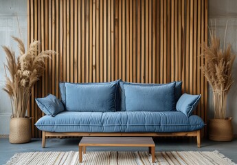 Blue sofa with wooden frame and two fluffy plants, in front of a wooden slat wall