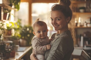 Businesswoman holding her baby while standing in her home office, Generative AI