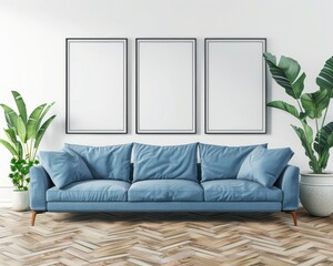 Modern living room interior with a blue sofa and three blank picture frames, perfect for showcasing artwork or photos. Create a stylish and personalized ambiance