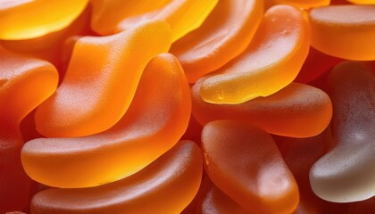 Poster - Macro Close-Up of Translucent Orange Jelly Gummies. Soft, Textured Edible Candies Highlighting Smooth Surfaces, Vivid Coloration, and Swirled Detailing. Ideal for Confectionery Branding and Packaging