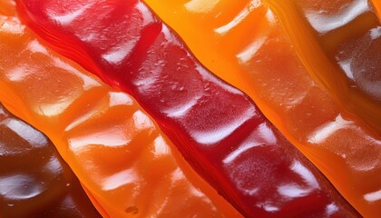 Poster - Macro Close-Up of Translucent Orange Jelly Gummies. Soft, Textured Edible Candies Highlighting Smooth Surfaces, Vivid Coloration, and Swirled Detailing. Ideal for Confectionery Branding and Packaging