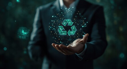 Poster - businessman holding futuristic green recycling symbol with digital interface in hands