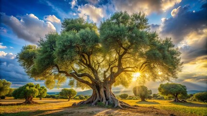 Poster - A Majestic Tree Stands Tall Against a Dramatic Sunset Sky, Its Twisted Branches Reaching Towards the Golden Light