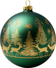 Wall Mural - A rich green bauble featuring a festive pattern of gold reindeer and Christmas trees wrapping around its surface. Transparent background.