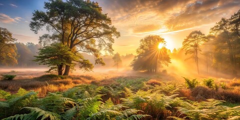 Wall Mural - Golden rays illuminate a misty forest clearing, where ferns unfurl beneath the warm glow of dawn.