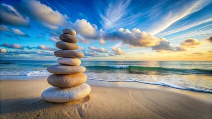 Sticker - A stack of smooth stones, meticulously balanced against a backdrop of a glistening ocean and a vibrant sky, embodies the tranquility and harmony found in nature's balance.