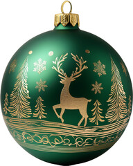 A rich green bauble featuring a festive pattern of gold reindeer and Christmas trees wrapping around its surface. Transparent background.