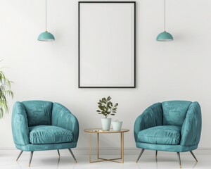 Stylish living room interior with two teal armchairs and a coffee table. Minimalist design with empty frame on a white wall