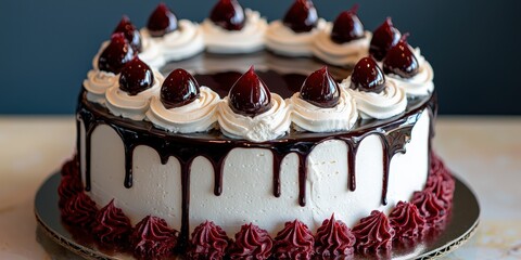 Wall Mural - Delicious Chocolate Cake with Cherries and Whipped Cream   Birthday Party Dessert