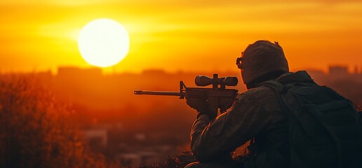 Silhouette of a soldier holding a rifle during sunset.