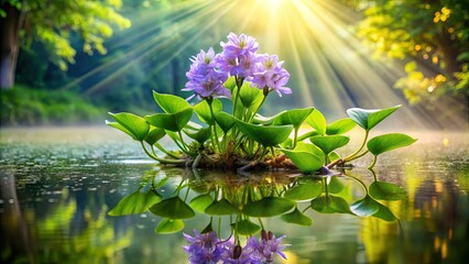 Canvas Print - A cluster of delicate purple blossoms rises from the still water, their reflection mirrored in the pristine surface, bathed in the soft glow of sunlight filtering through the verdant canopy