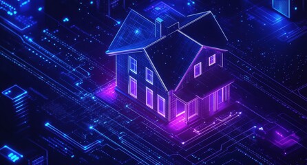 Fototapete - Futuristic isometric house design with digital technology and glowing blue background