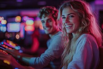 Smiling man and woman playing the guitar game at a gaming arcade, Generative AI