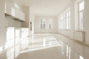 Empty white kitchen with large windows and shiny floor.