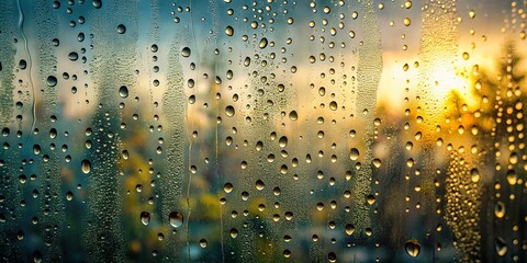 Canvas Print - A symphony of water droplets adorns a windowpane, capturing the golden hues of a fading sunset through a blurred, verdant landscape