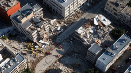 Aerial View of Earthquake-Damaged Buildings with Rescue Operations