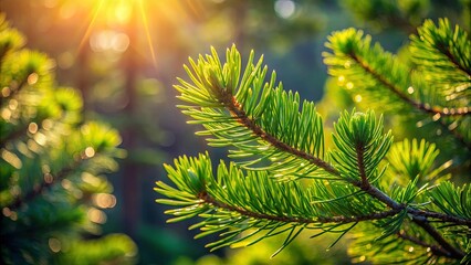 Wall Mural - A Single Pine Branch Bathed in Golden Sunlight, Its Needles Glistening with Dew Drops, Representing the Tranquil Beauty of Nature's Simple Details