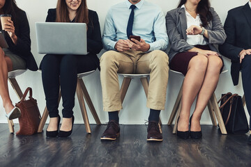 Poster - Technology, appointment or hands of business people in line for hiring, recruitment and job interview at hr. Laptop, phone or group of candidates in office for opportunity or employment selection