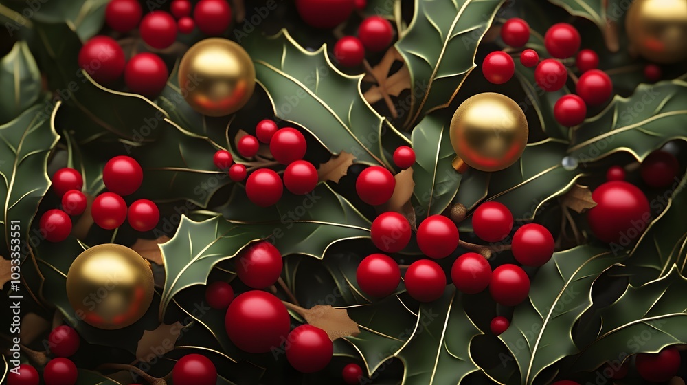 Red and Gold holly berries and leaves, arranged on a Christmas table ...