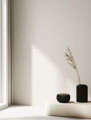 A minimalist interior scene featuring a light-colored wall, a soft beige cushion, and two black vases. One vase holds a dried plant, creating a serene and modern aesthetic.