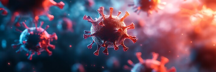 A close up of a virus with a red and blue background