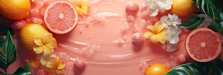 Wall Mural - A colorful image of fruit and flowers with a pink background