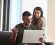 © FotoPush/peopleimages.com - Excited, couple and relax with laptop at house of financial planning, loan success and mortgage application. Happy, people and digital for banking payment, finance budget and investment with bonding