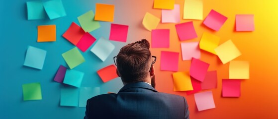 A thoughtful approach to idea organization analyzing strategies with colorful sticky notes for effective brainstorming.