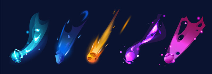 Wall Mural - space comets set isolated on black background. vector cartoon illustration of neon color asteroid ro