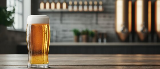 A refreshing glass of cold beer on a wooden table, with a blurred brewery background.