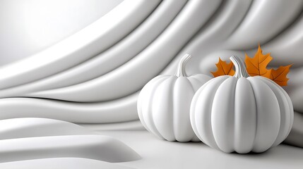 Canvas Print - Two white pumpkins with orange leaves on a white background.