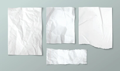 Poster - Crumpled paper sheets set isolated on background. Vector realistic illustration blank notebook pages with uneven torn edges, damaged wrinkled piece of document or letter, worn notepaper mockup
