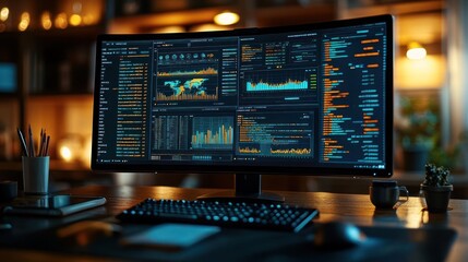 Desktop with Curved Monitor Showing Data Analytics