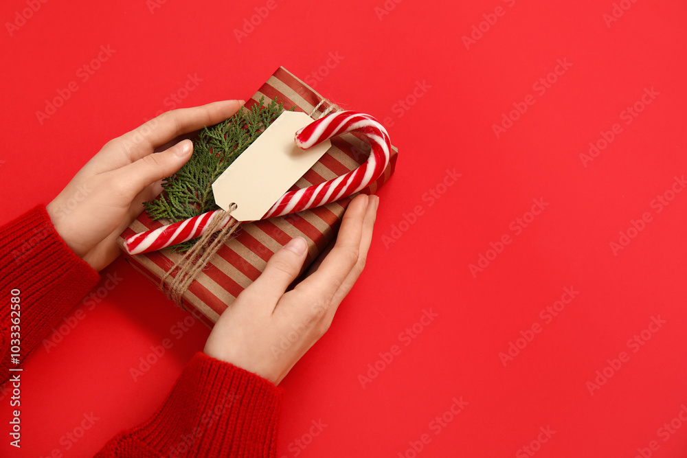Female hands with beautiful Christmas gift box on red background, closeup