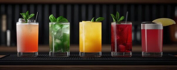 Colorful assortment of refreshing cocktails on a bar counter with mint leaves and fruit garnishes.